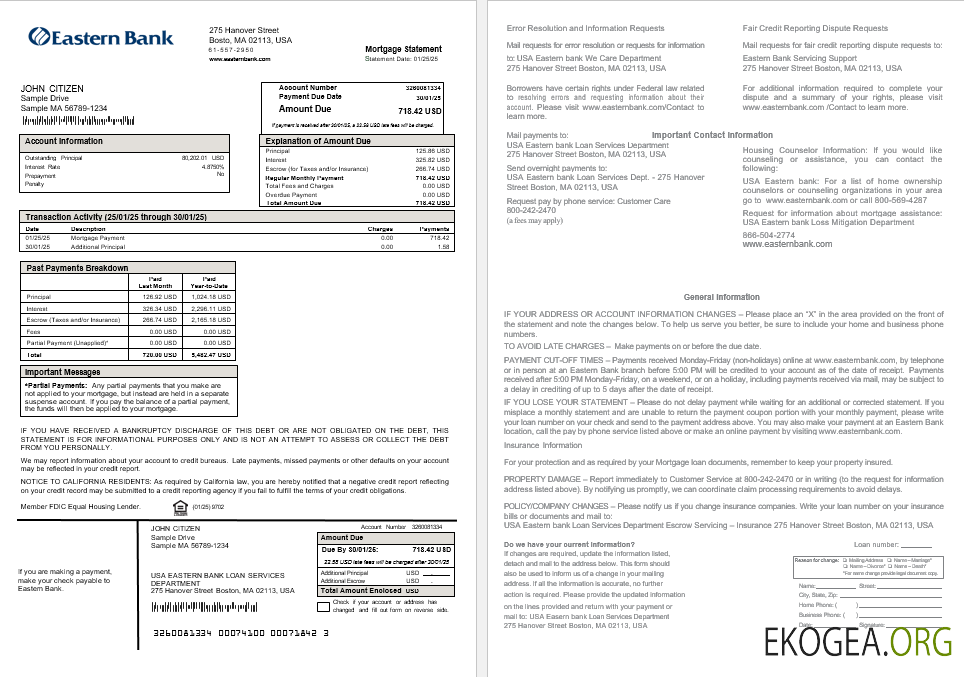Relevé hypothécaire de la USA Eastern Bank aux formats Word et PDF